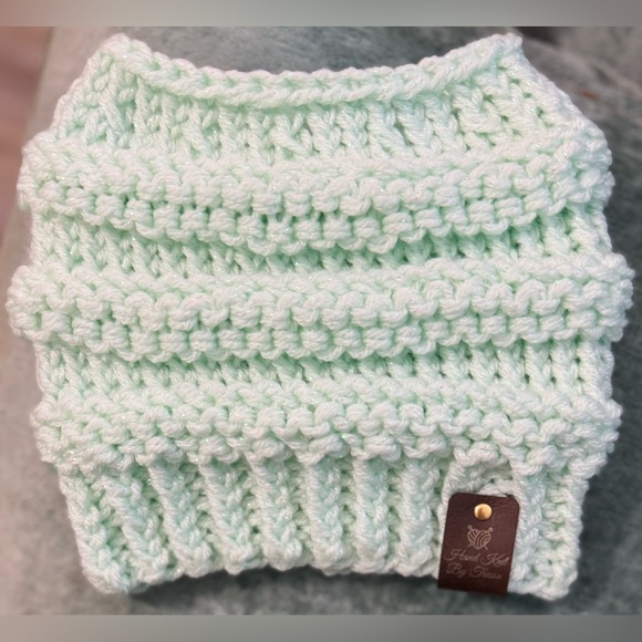 Hand Crafted Accessories - Handmade Hand Crafted Knit Messy Bun Hat adult/teen size sparkly mint green